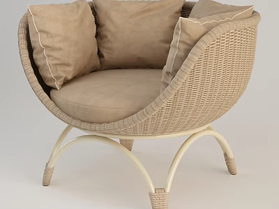 Rattan Curved Leisure Chair with Ergonomic Design Soft Cushion and Comfortable Pillows 3d model