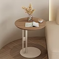 Wooden Top Side Table with White Metal Legs Clear Vase Coffee Cup in Living Room