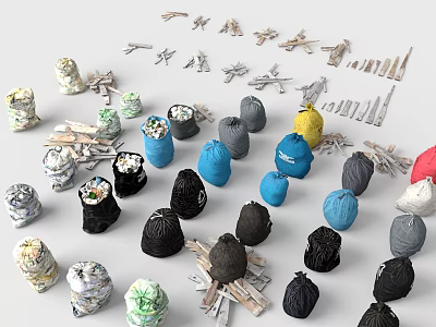 Household Supplies With Assorted Colored Trash Bags And Waste Disposal Items 3d model