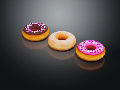 Three Colorful Donuts With Pink Frosting Purple Sprinkles And Original Flavor On Black Surface 3d model