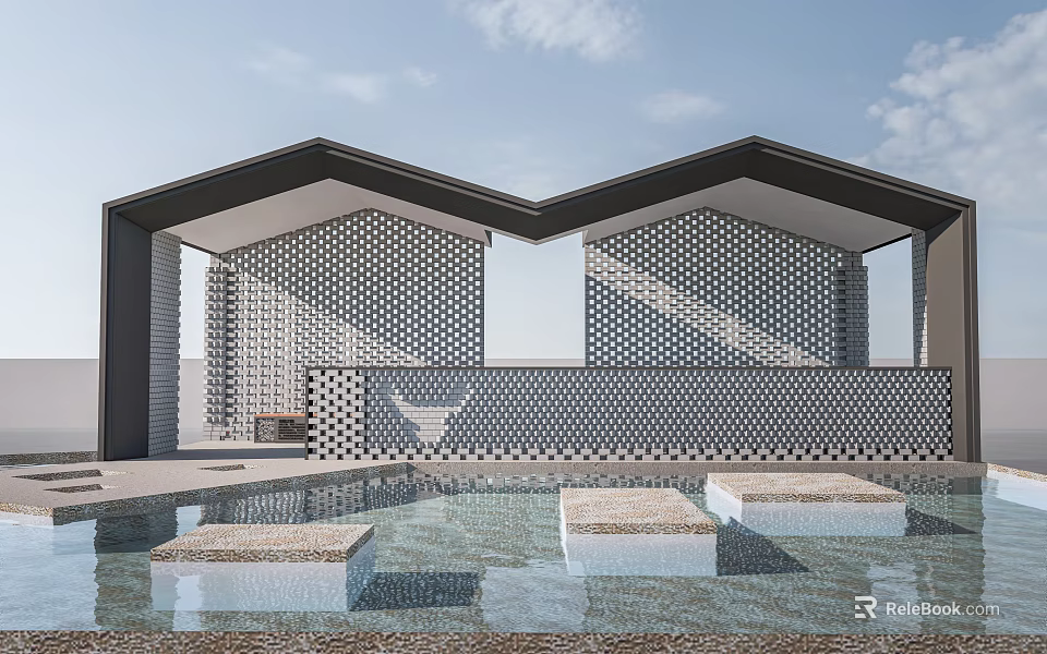 Modern Pergola Design With Geometric Patterned Walls And Pool Stepping Stones 3d model