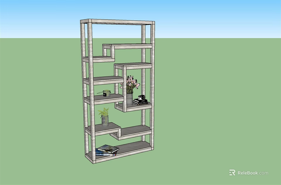 Open Multi Tiered Shelving Unit With Decorative Flowers Potted Plant And Books 3d model 