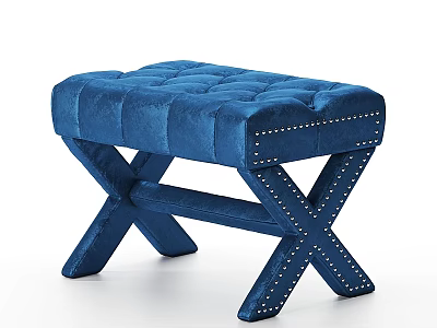 Blue Velvet Sofa Bench with Tufted Top and Studded X Shaped Legs 3d model