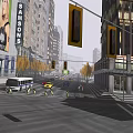 Vibrant Commercial Street With High Rise Buildings Fashion Billboards Vehicles Trees And Streetlights