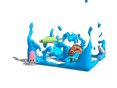 Colorful Marine Creature Characters in Blue Wave Themed Game Movie Scenes 3d model
