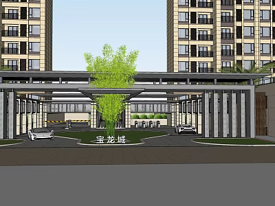 Xinglongyuan Residential Entrance Gate With Covered Area Between High Rise Buildings Green Tree And Cars 3d model
