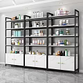 Modern Black Frame Shelving Unit With White Marble Cabinets And Skincare Products