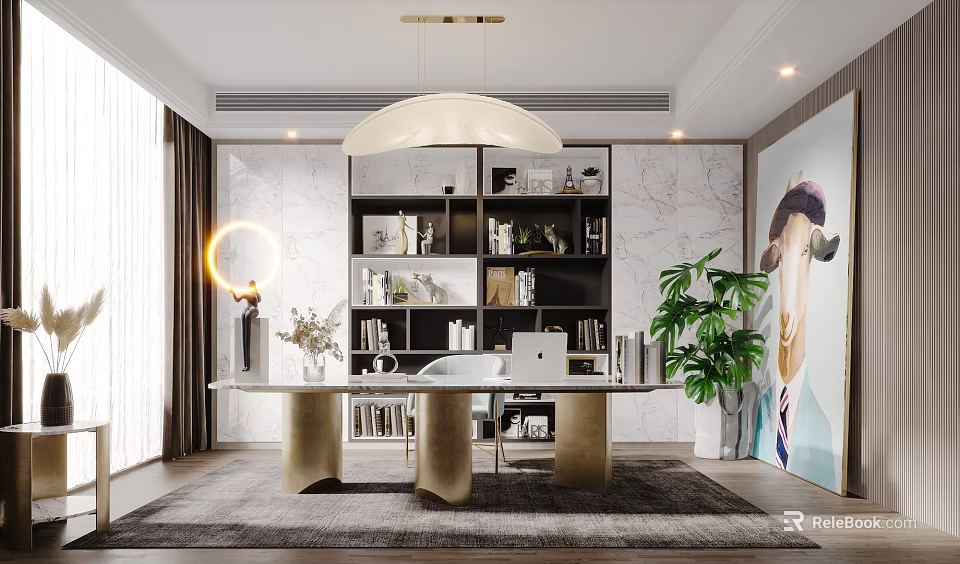 Modern Luxury Study Room With Marble Accent Wall Black Bookshelves And Gold Leg Desk 3d model 