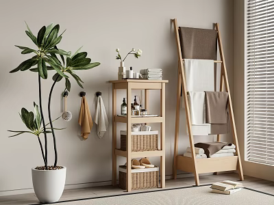 Wooden Bathroom Cabinet Rack With Storage Shelves Towel Ladder And Green Plant 3d model