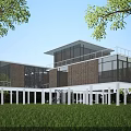 Modern Detached Villa With Large Glass Windows Wooden Elements Green Lawn And Surrounding Trees