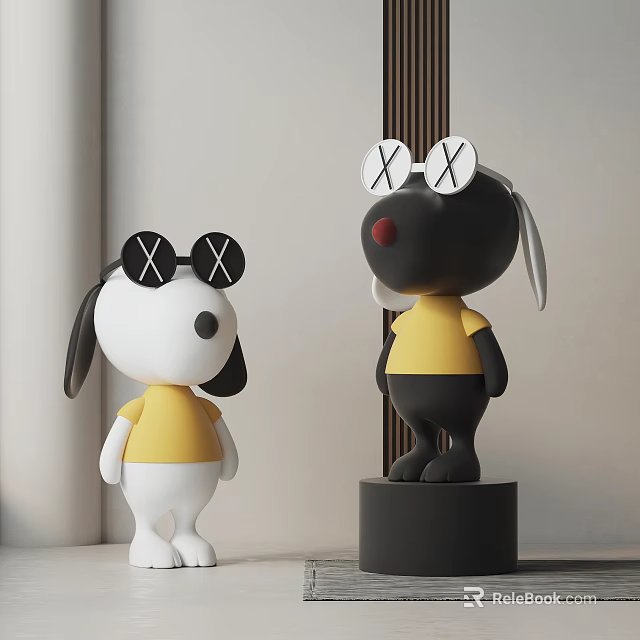 Cute Cartoon Dog Sculptures Featuring Sunglasses With X Marks Yellow Shirts And Black Pedestal 3d model 