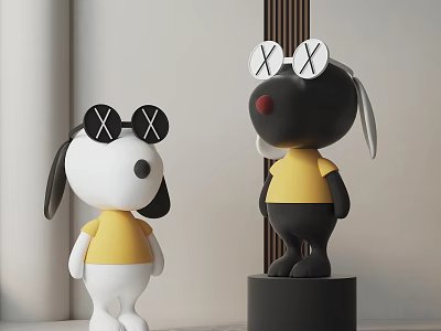 Cute Cartoon Dog Sculptures Featuring Sunglasses With X Marks Yellow Shirts And Black Pedestal 3d model