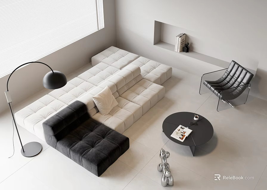 Modern Minimalist Living Room With Cream L Shaped Sofa And Black Round Coffee Table 3d model 
