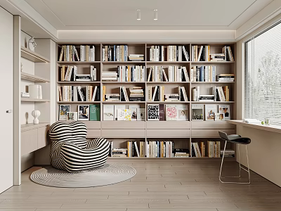 Modern Study Room Interior With Bookshelves Filled With Books Striped Bean Bag And Round Rug 3d model
