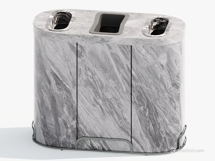 Gray Marble Texture Trash Bin With Three Compartments For Waste Management 3d model 