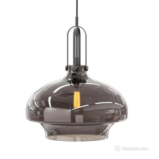 Modern Smoked Glass Pendant Light with Metal Frame Transparent Shade and Warm Illuminated Bulb 3d model 