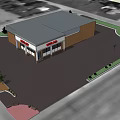 Commercial Complex Building Exterior With Red Signage Glass Windows And Benches