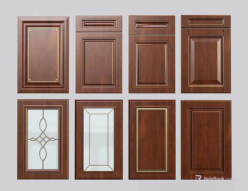 Wooden Wardrobe Doors With Various Designs Including Glass Panels And Gold Accents 3d model 