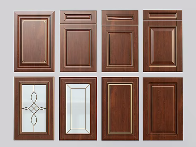 Wooden Wardrobe Doors With Various Designs Including Glass Panels And Gold Accents 3d model