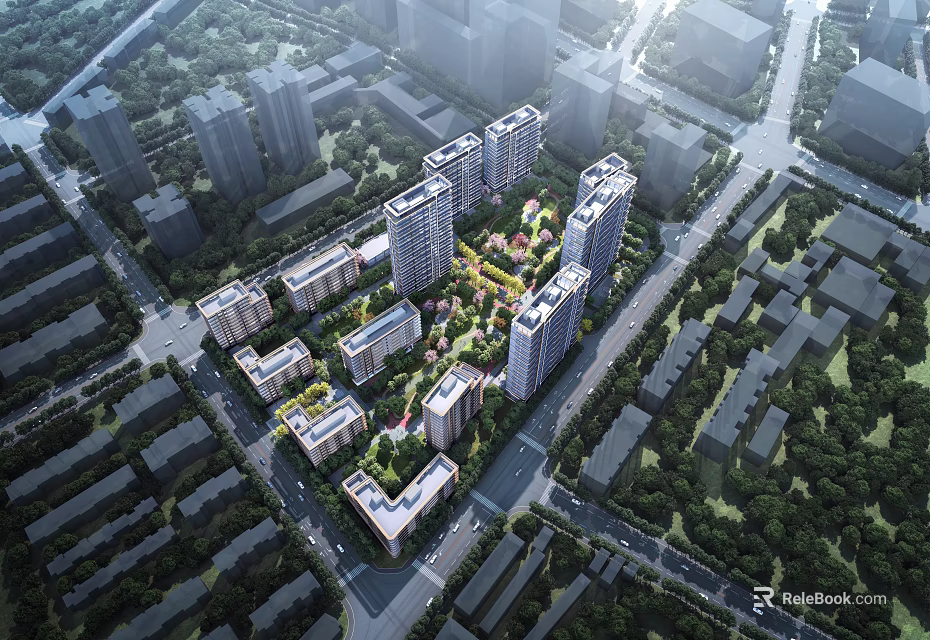 Modern Residential Community with High Rise Low Rise Buildings Greenery and Road Network 3d model 