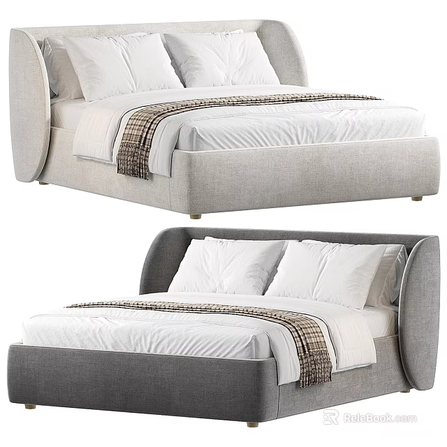 Modern Double Bed Design With Upholstered Headboard White Pillows And Plaid Runner 3d model 