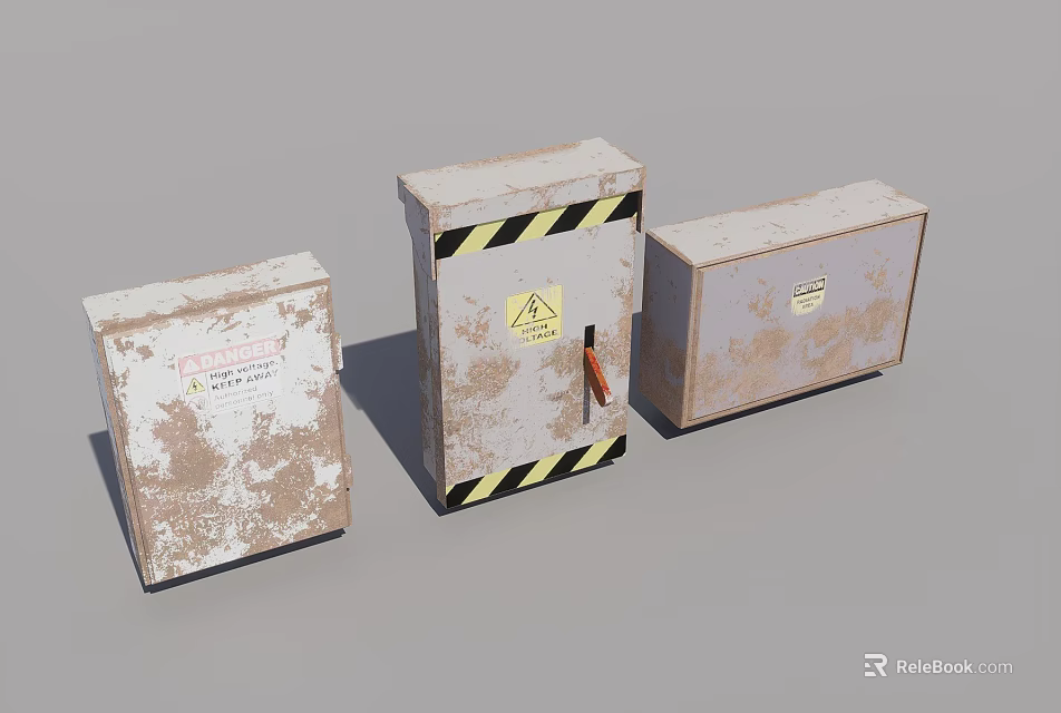 Set Of Three Household Metal Boxes Rusty Exterior With Warning Sign Stripes Handle And Labels 3d model 