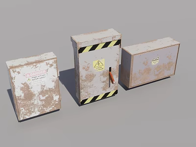 Set Of Three Household Metal Boxes Rusty Exterior With Warning Sign Stripes Handle And Labels 3d model