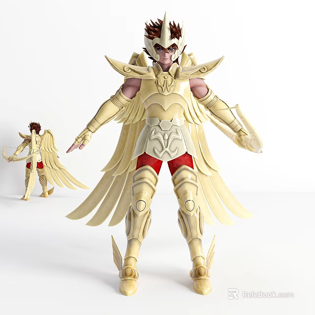 Detailed Golden Armor Warrior Character With Winged Design And Red Shorts 3d model 