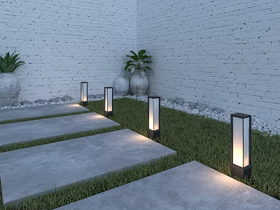 Contemporary Garden Landscape Design with Stone Pathways Grass Lawn and Pathway Lights 3d model