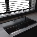 Modern Stainless Steel Kitchen Sink On Countertop With Faucet And Window Blinds
