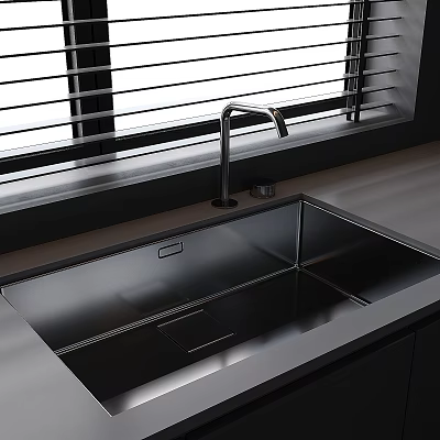 Modern Stainless Steel Kitchen Sink On Countertop With Faucet And Window Blinds 3d model