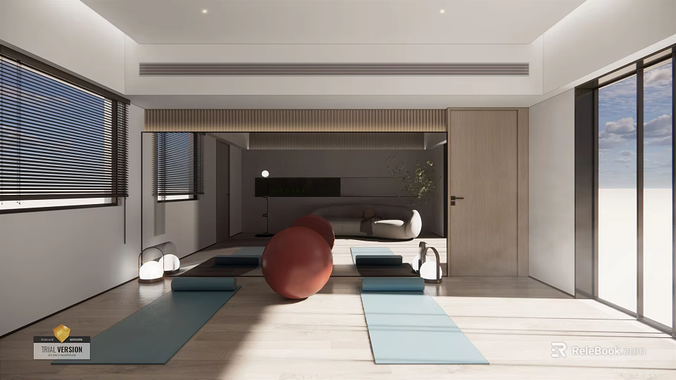 Modern Yoga Fitness Room With Blue Mats And Red Exercise Ball In Bright Space 3d model 
