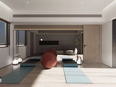 Modern Yoga Fitness Room With Blue Mats And Red Exercise Ball In Bright Space 3d model