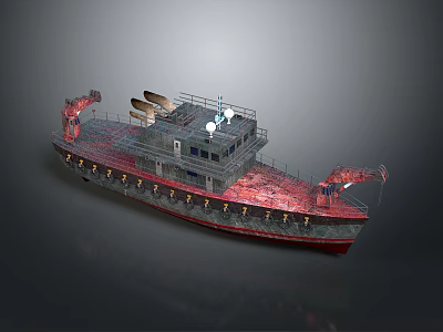 Work Utility Ship With Red Cranes Deck And Upper Superstructure Design 3d model