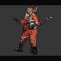 Two Male Game Movie Characters in Red Spacesuits Holding Helmets Against Gray Background