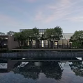 Modern Garden Landscape With Water Pond Lush Greenery And Modern Architecture