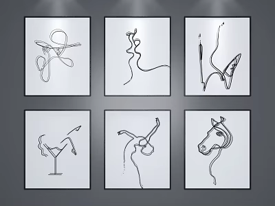 Six Panel Line Art Wall Decor With Hat Face Feather Pen Martini Dancer Horse Head 3d model