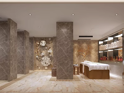Elegant SPA Sauna Interior Design With Marble Columns Floral Wall Massage Bed And Product Shelves 3d model