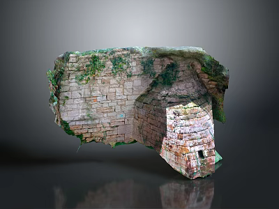 Ancient Brick Wall Structure Covered With Green Moss And Weathered Bricks 3d model