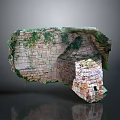 Ancient Brick Wall Structure Covered With Green Moss And Weathered Bricks
