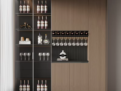 Modern Wine Cabinet With Wooden Design Glass Doors Wine Bottles And Glasses 3d model