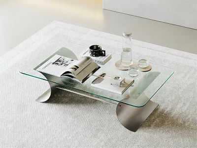 Modern Glass Coffee Table With Metal Frame Open Magazines Black Cup Clear Bottle 3d model