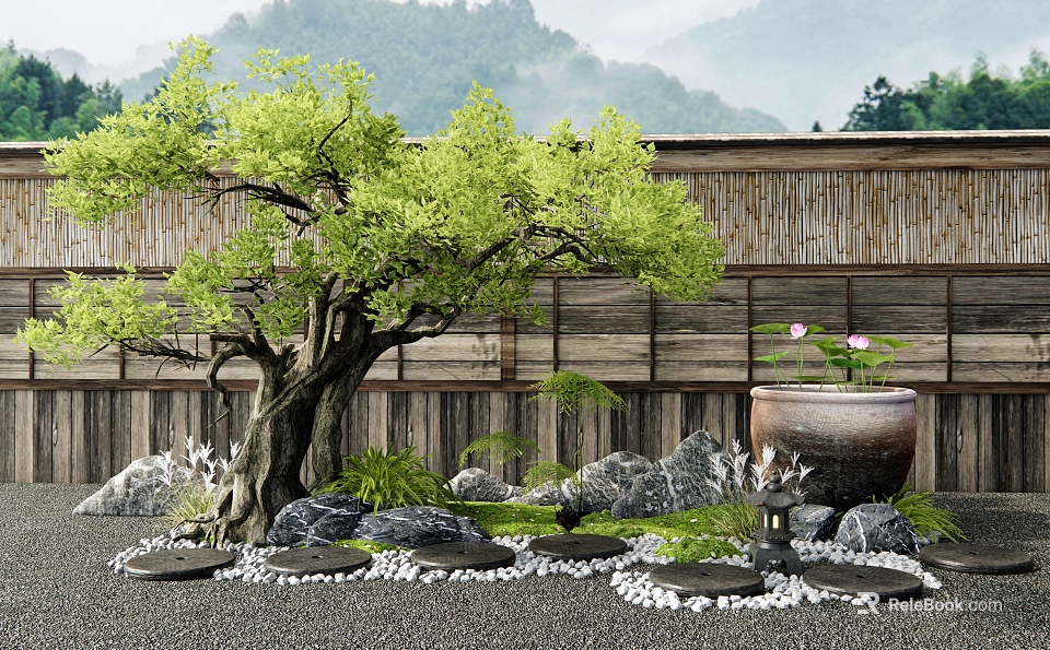 Large Green Tree Near Wooden Wall With Stone Pot Mossy Rocks And Misty Mountains 3d model 