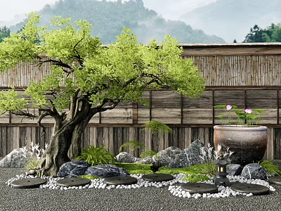 Large Green Tree Near Wooden Wall With Stone Pot Mossy Rocks And Misty Mountains 3d model