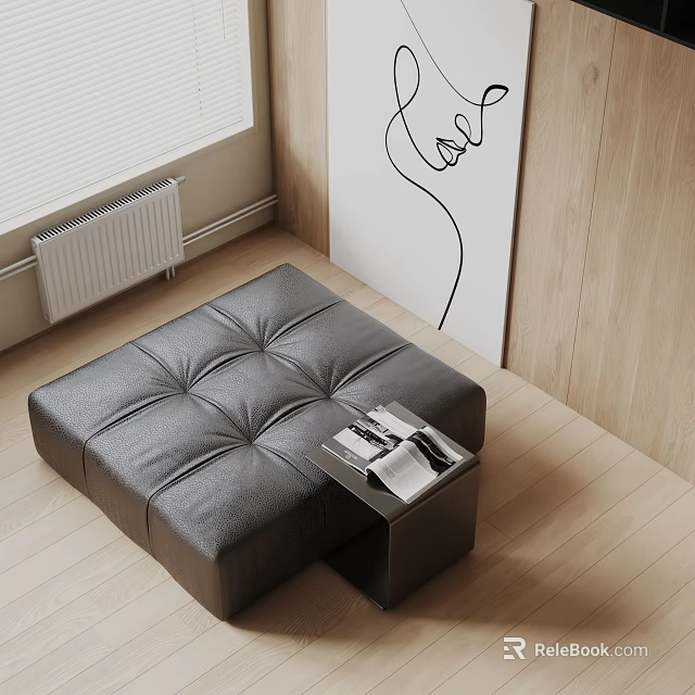 Black Leather Tufted Square Ottoman With Side Table And Magazines On Wooden Floor 3d model 