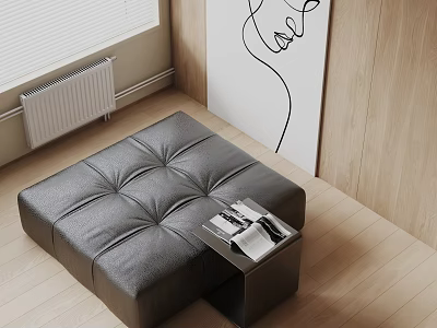 Black Leather Tufted Square Ottoman With Side Table And Magazines On Wooden Floor 3d model