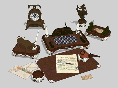 Antique Themed Decorative Ornament Set With Clock Figurine Candle Holder Stationery And Teapot 3d model
