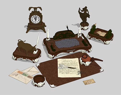 Antique Themed Decorative Ornament Set With Clock Figurine Candle Holder Stationery And Teapot 3d model