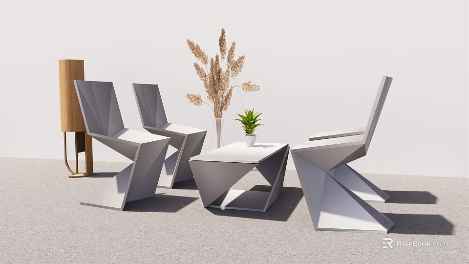 Modern Geometric Table and Chair Set with Potted Plants and Floor Lamp 3d model 