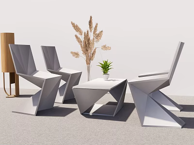 Modern Geometric Table and Chair Set with Potted Plants and Floor Lamp 3d model